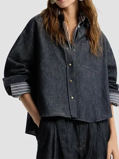Brunello Cucinelli Women's Sparkling No-Fade Denim Shirt with Shiny Collar - Denim | Thumbnail 5 Brunello Cucinelli Women's Sparkling No-Fade Denim Shirt with Shiny Collar - Denim | Thumbnail 5