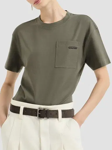 Brunello Cucinelli Women's Cotton Jersey T-Shirt with Shiny Tab - Origano | Thumbnail 3 Brunello Cucinelli Women's Cotton Jersey T-Shirt with Shiny Tab - Origano | Thumbnail 3