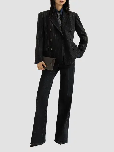 Brunello Cucinelli Women's Comfort Virgin Wool Dazzling Chalk Stripe Blazer with Monili - Cobalt | Thumbnail 2 Brunello Cucinelli Women's Comfort Virgin Wool Dazzling Chalk Stripe Blazer with Monili - Cobalt | Thumbnail 2