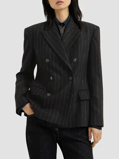 Brunello Cucinelli Women's Comfort Virgin Wool Dazzling Chalk Stripe Blazer with Monili - Cobalt | Thumbnail 3 Brunello Cucinelli Women's Comfort Virgin Wool Dazzling Chalk Stripe Blazer with Monili - Cobalt | Thumbnail 3