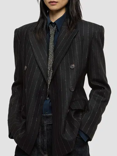 Brunello Cucinelli Women's Comfort Virgin Wool Dazzling Chalk Stripe Blazer with Monili - Cobalt | Thumbnail 5 Brunello Cucinelli Women's Comfort Virgin Wool Dazzling Chalk Stripe Blazer with Monili - Cobalt | Thumbnail 5