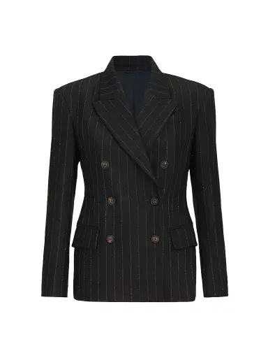 Brunello Cucinelli Women's Comfort Virgin Wool Dazzling Chalk Stripe Blazer with Monili - Cobalt | Thumbnail 1 Brunello Cucinelli Women's Comfort Virgin Wool Dazzling Chalk Stripe Blazer with Monili - Cobalt | Thumbnail 1