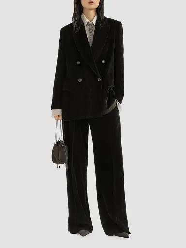 Brunello Cucinelli Women's Sparkling Corduroy Loose Pleated Trousers with Monili - Black | Thumbnail 2 Brunello Cucinelli Women's Sparkling Corduroy Loose Pleated Trousers with Monili - Black | Thumbnail 2
