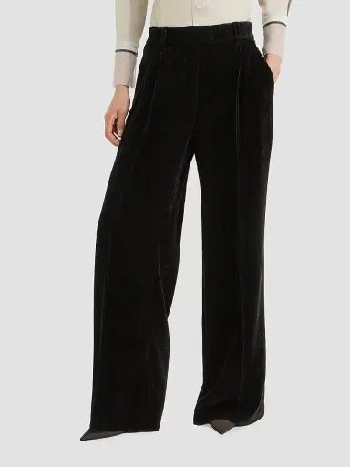 Brunello Cucinelli Women's Sparkling Corduroy Loose Pleated Trousers with Monili - Black | Thumbnail 3 Brunello Cucinelli Women's Sparkling Corduroy Loose Pleated Trousers with Monili - Black | Thumbnail 3