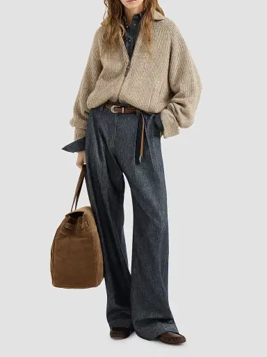 Brunello Cucinelli Women's Sparkling No-Fade Denim Loose Curved Trousers with Monili - Denim | Thumbnail 2 Brunello Cucinelli Women's Sparkling No-Fade Denim Loose Curved Trousers with Monili - Denim | Thumbnail 2