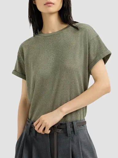 Brunello Cucinelli Women's Sparkling Cashmere and Silk Lightweight Knit T-Shirt - Origano | Thumbnail 3 Brunello Cucinelli Women's Sparkling Cashmere and Silk Lightweight Knit T-Shirt - Origano | Thumbnail 3