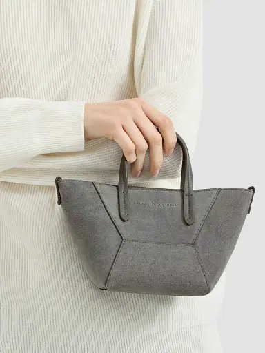 Brunello Cucinelli Women's Duo Mini Top Handle Bag in Suede with Monili - Stone Grey | Thumbnail 2 Brunello Cucinelli Women's Duo Mini Top Handle Bag in Suede with Monili - Stone Grey | Thumbnail 2