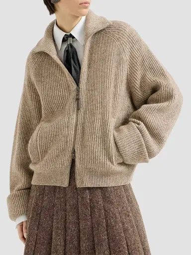 Brunello Cucinelli Women's Sparkling Cashmere, Mohair and Wool Ribbed Cardigan with Shiny Zipper Pull - Light Brown | Thumbnail 3 Brunello Cucinelli Women's Sparkling Cashmere, Mohair and Wool Ribbed Cardigan with Shiny Zipper Pull - Light Brown | Thumbnail 3