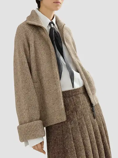 Brunello Cucinelli Women's Sparkling Cashmere, Mohair and Wool Ribbed Cardigan with Shiny Zipper Pull - Light Brown | Thumbnail 5 Brunello Cucinelli Women's Sparkling Cashmere, Mohair and Wool Ribbed Cardigan with Shiny Zipper Pull - Light Brown | Thumbnail 5