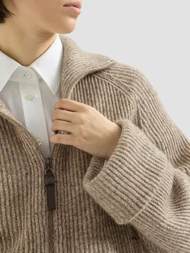 Brunello Cucinelli Women's Sparkling Cashmere, Mohair and Wool Ribbed Cardigan with Shiny Zipper Pull - Light Brown | Thumbnail 6 Brunello Cucinelli Women's Sparkling Cashmere, Mohair and Wool Ribbed Cardigan with Shiny Zipper Pull - Light Brown | Thumbnail 6