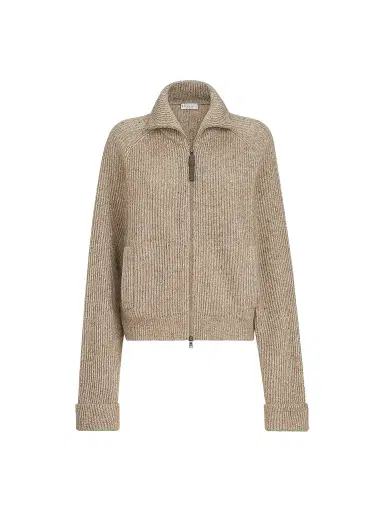 Brunello Cucinelli Women's Sparkling Cashmere, Mohair and Wool Ribbed Cardigan with Shiny Zipper Pull - Light Brown | Thumbnail 1 Brunello Cucinelli Women's Sparkling Cashmere, Mohair and Wool Ribbed Cardigan with Shiny Zipper Pull - Light Brown | Thumbnail 1