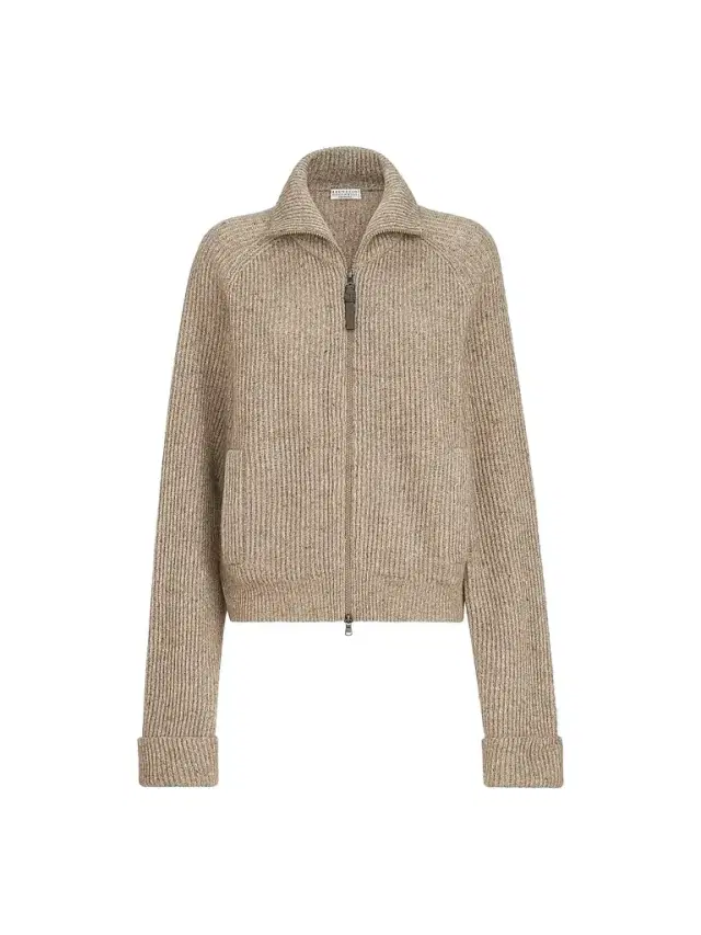Women's Sparkling Cashmere, Mohair and Wool Ribbed Cardigan with Shiny Zipper Pull - Light Brown Women's Sparkling Cashmere, Mohair and Wool Ribbed Cardigan with Shiny Zipper Pull - Light Brown