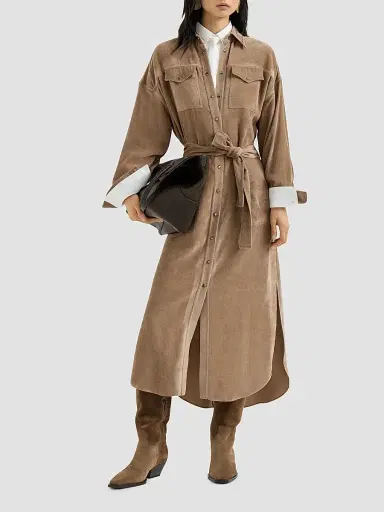 Brunello Cucinelli Women's Fluid Corduroy Shirt Dress - Cappuccino | Thumbnail 2 Brunello Cucinelli Women's Fluid Corduroy Shirt Dress - Cappuccino | Thumbnail 2