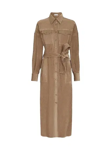 Brunello Cucinelli Women's Fluid Corduroy Shirt Dress - Cappuccino | Thumbnail 1 Brunello Cucinelli Women's Fluid Corduroy Shirt Dress - Cappuccino | Thumbnail 1