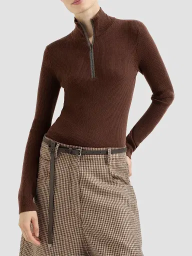 Brunello Cucinelli Women's Virgin Wool and Cashmere Lightweight Ribbed Turtleneck Sweater - Brown | Thumbnail 3 Brunello Cucinelli Women's Virgin Wool and Cashmere Lightweight Ribbed Turtleneck Sweater - Brown | Thumbnail 3