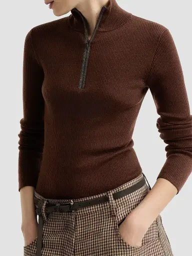 Brunello Cucinelli Women's Virgin Wool and Cashmere Lightweight Ribbed Turtleneck Sweater - Brown | Thumbnail 4 Brunello Cucinelli Women's Virgin Wool and Cashmere Lightweight Ribbed Turtleneck Sweater - Brown | Thumbnail 4