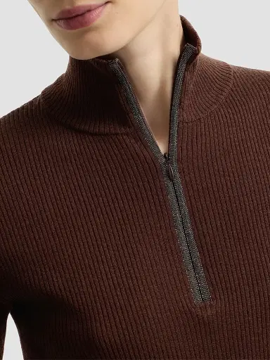 Brunello Cucinelli Women's Virgin Wool and Cashmere Lightweight Ribbed Turtleneck Sweater - Brown | Thumbnail 6 Brunello Cucinelli Women's Virgin Wool and Cashmere Lightweight Ribbed Turtleneck Sweater - Brown | Thumbnail 6