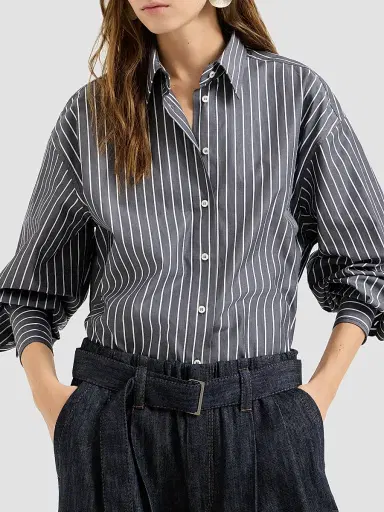 Brunello Cucinelli Women's Striped Cotton Poplin Shirt - Denim | Thumbnail 2 Brunello Cucinelli Women's Striped Cotton Poplin Shirt - Denim | Thumbnail 2