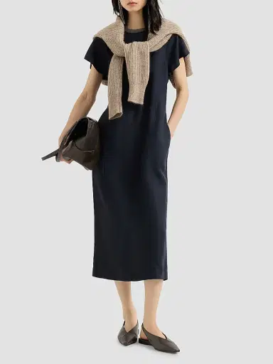 Brunello Cucinelli Women's Viscose and Linen Fluid Twill Dress with Precious Collar - Blue | Thumbnail 2 Brunello Cucinelli Women's Viscose and Linen Fluid Twill Dress with Precious Collar - Blue | Thumbnail 2
