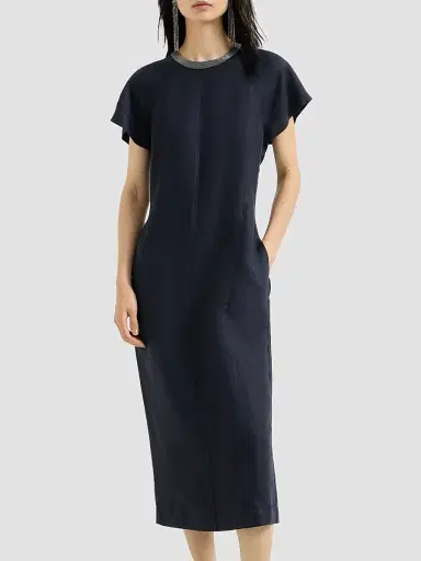 Brunello Cucinelli Women's Viscose and Linen Fluid Twill Dress with Precious Collar - Blue | Thumbnail 3 Brunello Cucinelli Women's Viscose and Linen Fluid Twill Dress with Precious Collar - Blue | Thumbnail 3
