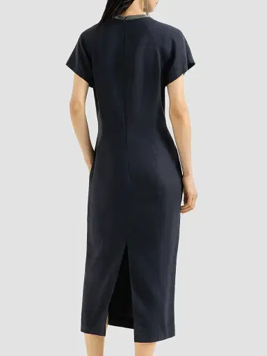 Brunello Cucinelli Women's Viscose and Linen Fluid Twill Dress with Precious Collar - Blue | Thumbnail 4 Brunello Cucinelli Women's Viscose and Linen Fluid Twill Dress with Precious Collar - Blue | Thumbnail 4