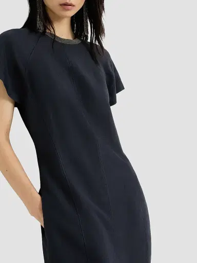 Brunello Cucinelli Women's Viscose and Linen Fluid Twill Dress with Precious Collar - Blue | Thumbnail 6 Brunello Cucinelli Women's Viscose and Linen Fluid Twill Dress with Precious Collar - Blue | Thumbnail 6