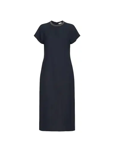 Brunello Cucinelli Women's Viscose and Linen Fluid Twill Dress with Precious Collar - Blue | Thumbnail 1 Brunello Cucinelli Women's Viscose and Linen Fluid Twill Dress with Precious Collar - Blue | Thumbnail 1