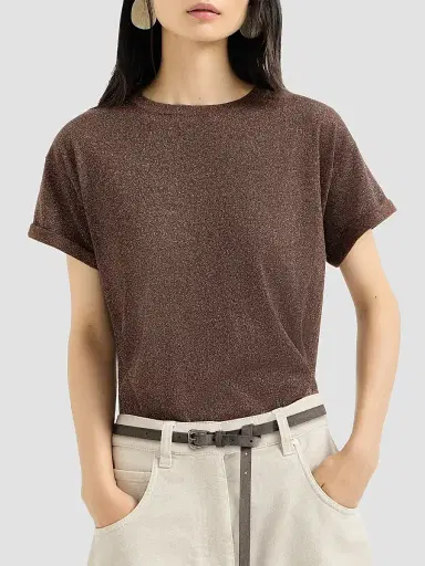 Brunello Cucinelli Women's Sparkling Cashmere and Silk Lightweight Knit T-Shirt - Brown | Thumbnail 3 Brunello Cucinelli Women's Sparkling Cashmere and Silk Lightweight Knit T-Shirt - Brown | Thumbnail 3