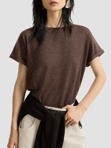 Brunello Cucinelli Women's Sparkling Cashmere and Silk Lightweight Knit T-Shirt - Brown | Thumbnail 5 Brunello Cucinelli Women's Sparkling Cashmere and Silk Lightweight Knit T-Shirt - Brown | Thumbnail 5
