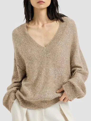 Brunello Cucinelli Women's Mohair and Wool Dazzling Texture Sweater - Light Beige | Thumbnail 3 Brunello Cucinelli Women's Mohair and Wool Dazzling Texture Sweater - Light Beige | Thumbnail 3