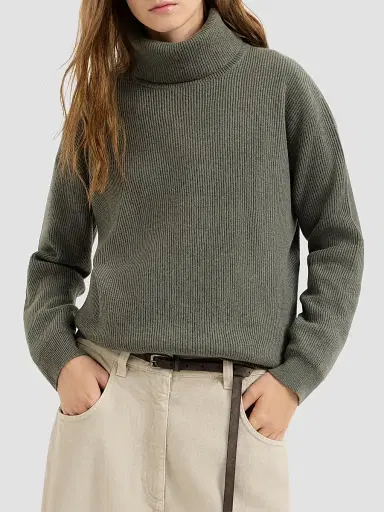 Brunello Cucinelli Women's Cashmere English Rib Turtleneck Sweater with Monili - Origano | Thumbnail 3 Brunello Cucinelli Women's Cashmere English Rib Turtleneck Sweater with Monili - Origano | Thumbnail 3