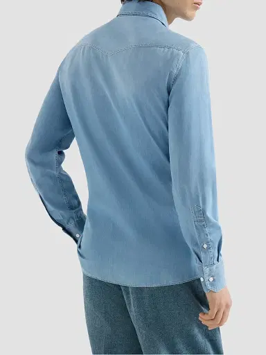 Brunello Cucinelli Men's Lightweight Denim Western Shirt - Light Blue Denim | Thumbnail 4 Brunello Cucinelli Men's Lightweight Denim Western Shirt - Light Blue Denim | Thumbnail 4