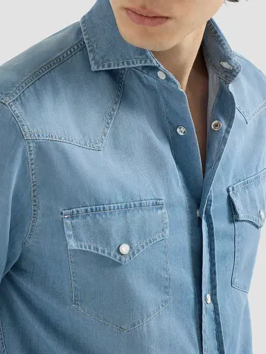 Brunello Cucinelli Men's Lightweight Denim Western Shirt - Light Blue Denim | Thumbnail 6 Brunello Cucinelli Men's Lightweight Denim Western Shirt - Light Blue Denim | Thumbnail 6