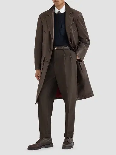 Brunello Cucinelli Men's Virgin Wool Diagonal Trousers with Double Pleats - Rust Brown | Thumbnail 2 Brunello Cucinelli Men's Virgin Wool Diagonal Trousers with Double Pleats - Rust Brown | Thumbnail 2