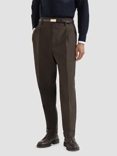 Brunello Cucinelli Men's Virgin Wool Diagonal Trousers with Double Pleats - Rust Brown | Thumbnail 3 Brunello Cucinelli Men's Virgin Wool Diagonal Trousers with Double Pleats - Rust Brown | Thumbnail 3