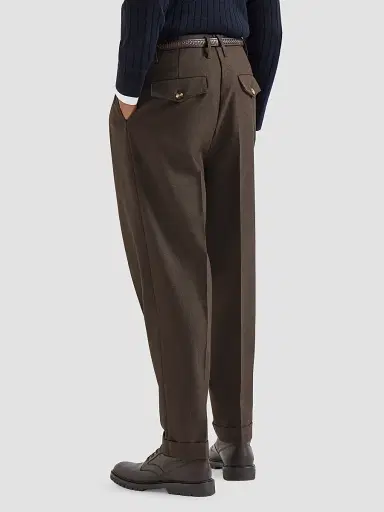 Brunello Cucinelli Men's Virgin Wool Diagonal Trousers with Double Pleats - Rust Brown | Thumbnail 4 Brunello Cucinelli Men's Virgin Wool Diagonal Trousers with Double Pleats - Rust Brown | Thumbnail 4