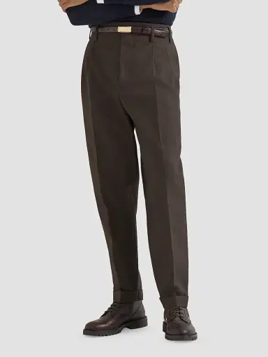 Brunello Cucinelli Men's Virgin Wool Diagonal Trousers with Double Pleats - Rust Brown | Thumbnail 5 Brunello Cucinelli Men's Virgin Wool Diagonal Trousers with Double Pleats - Rust Brown | Thumbnail 5