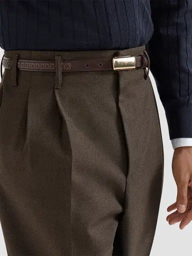 Brunello Cucinelli Men's Virgin Wool Diagonal Trousers with Double Pleats - Rust Brown | Thumbnail 6 Brunello Cucinelli Men's Virgin Wool Diagonal Trousers with Double Pleats - Rust Brown | Thumbnail 6