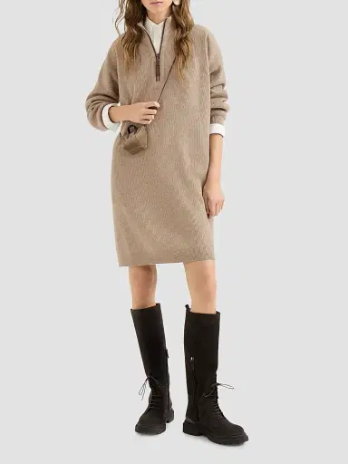 Brunello Cucinelli Women's Virgin Wool, Cashmere and Silk Rib Knit Dress with Precious Half Zip - Beige | Thumbnail 2 Brunello Cucinelli Women's Virgin Wool, Cashmere and Silk Rib Knit Dress with Precious Half Zip - Beige | Thumbnail 2