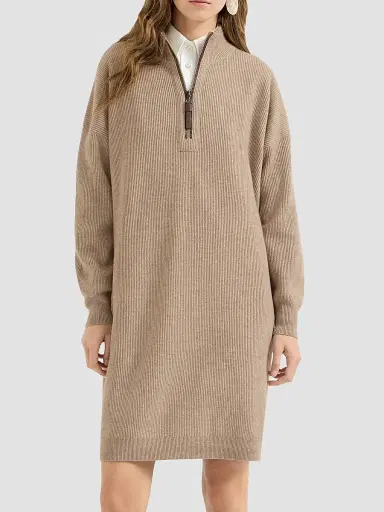Brunello Cucinelli Women's Virgin Wool, Cashmere and Silk Rib Knit Dress with Precious Half Zip - Beige | Thumbnail 3 Brunello Cucinelli Women's Virgin Wool, Cashmere and Silk Rib Knit Dress with Precious Half Zip - Beige | Thumbnail 3