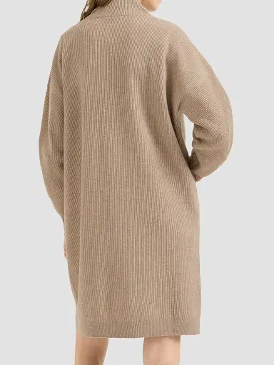 Brunello Cucinelli Women's Virgin Wool, Cashmere and Silk Rib Knit Dress with Precious Half Zip - Beige | Thumbnail 4 Brunello Cucinelli Women's Virgin Wool, Cashmere and Silk Rib Knit Dress with Precious Half Zip - Beige | Thumbnail 4