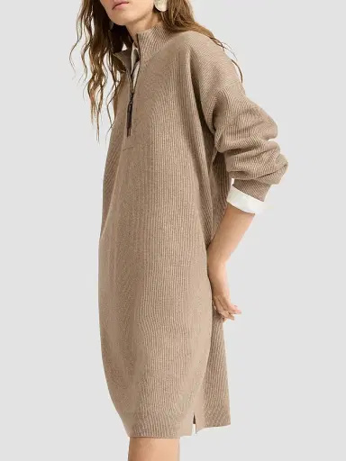 Brunello Cucinelli Women's Virgin Wool, Cashmere and Silk Rib Knit Dress with Precious Half Zip - Beige | Thumbnail 5 Brunello Cucinelli Women's Virgin Wool, Cashmere and Silk Rib Knit Dress with Precious Half Zip - Beige | Thumbnail 5