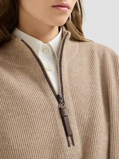 Brunello Cucinelli Women's Virgin Wool, Cashmere and Silk Rib Knit Dress with Precious Half Zip - Beige | Thumbnail 6 Brunello Cucinelli Women's Virgin Wool, Cashmere and Silk Rib Knit Dress with Precious Half Zip - Beige | Thumbnail 6