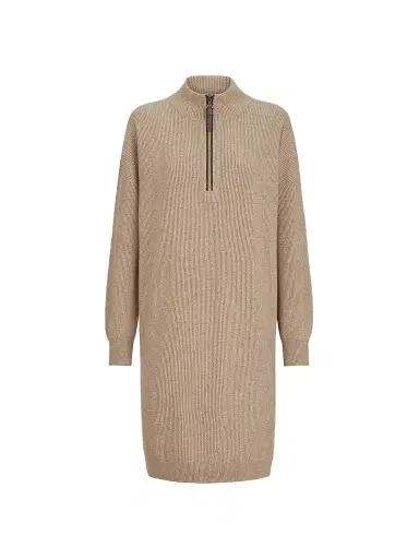 Brunello Cucinelli Women's Virgin Wool, Cashmere and Silk Rib Knit Dress with Precious Half Zip - Beige | Thumbnail 1 Brunello Cucinelli Women's Virgin Wool, Cashmere and Silk Rib Knit Dress with Precious Half Zip - Beige | Thumbnail 1
