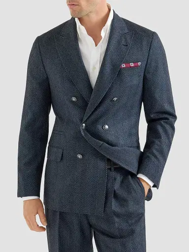 Brunello Cucinelli Men's Flannel One-and-a-Half Breasted Deconstructed Blazer - Navy Blue | Thumbnail 2 Brunello Cucinelli Men's Flannel One-and-a-Half Breasted Deconstructed Blazer - Navy Blue | Thumbnail 2