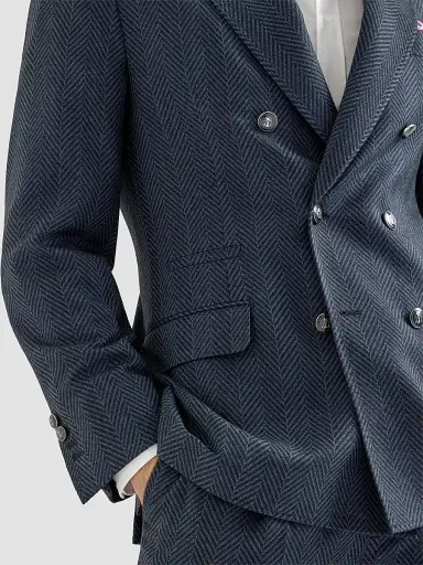 Brunello Cucinelli Men's Flannel One-and-a-Half Breasted Deconstructed Blazer - Navy Blue | Thumbnail 4 Brunello Cucinelli Men's Flannel One-and-a-Half Breasted Deconstructed Blazer - Navy Blue | Thumbnail 4