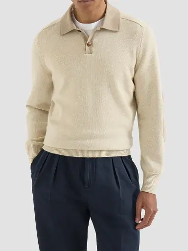 Brunello Cucinelli Men's Cashmere Knit Polo with Suede Collar - Sand | Thumbnail 2 Brunello Cucinelli Men's Cashmere Knit Polo with Suede Collar - Sand | Thumbnail 2