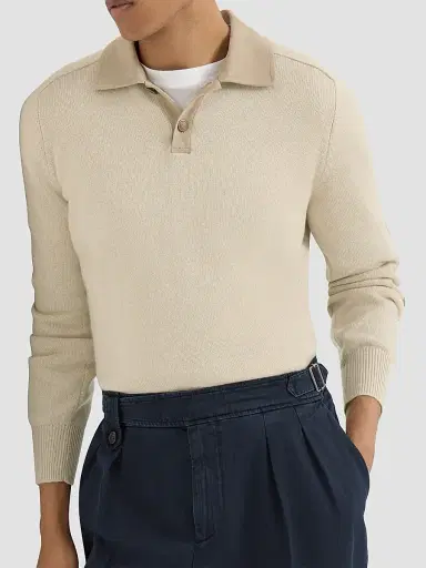 Brunello Cucinelli Men's Cashmere Knit Polo with Suede Collar - Sand | Thumbnail 5 Brunello Cucinelli Men's Cashmere Knit Polo with Suede Collar - Sand | Thumbnail 5