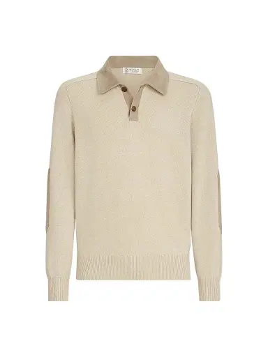 Brunello Cucinelli Men's Cashmere Knit Polo with Suede Collar - Sand | Thumbnail 1 Brunello Cucinelli Men's Cashmere Knit Polo with Suede Collar - Sand | Thumbnail 1