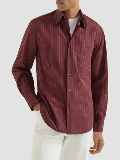 Brunello Cucinelli Men's Double Pinstripe Cotton Overshirt with Italian Collar - Burgundy | Thumbnail 3 Brunello Cucinelli Men's Double Pinstripe Cotton Overshirt with Italian Collar - Burgundy | Thumbnail 3